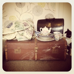 Trunk £8, Doctors bag £8, teapot 50p, plates 10-50p each, handmade Laura Ashley curtains £15